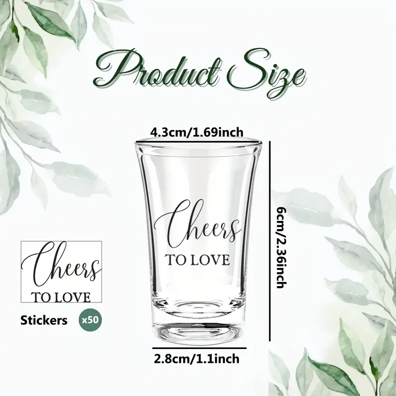 Rustic Shot Glass Wedding Favor Set – 50 Reusable Acrylic Cups with Love Stickers, Cards & Gift Bags