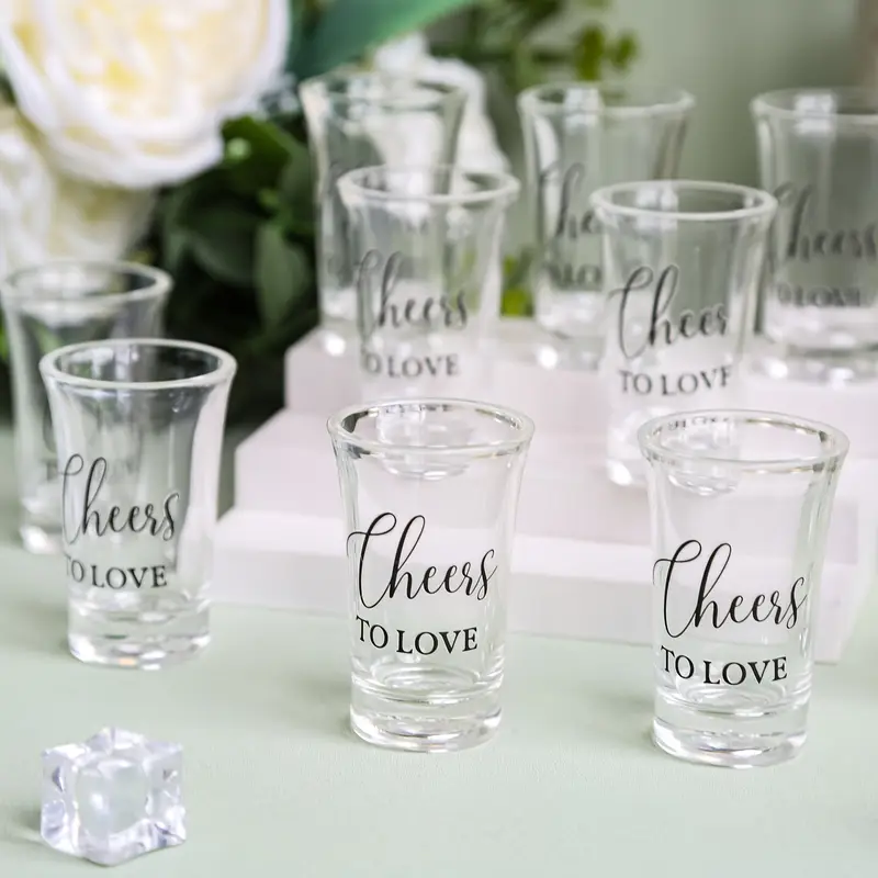 Rustic Shot Glass Wedding Favor Set – 50 Reusable Acrylic Cups with Love Stickers, Cards & Gift Bags