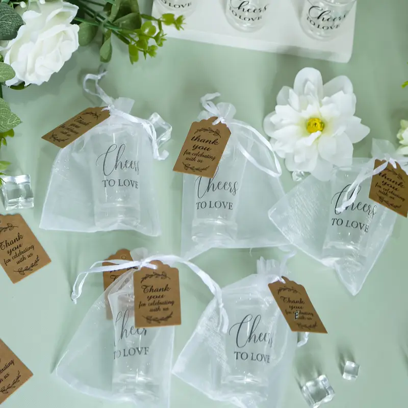 Rustic Shot Glass Wedding Favor Set – 50 Reusable Acrylic Cups with Love Stickers, Cards & Gift Bags