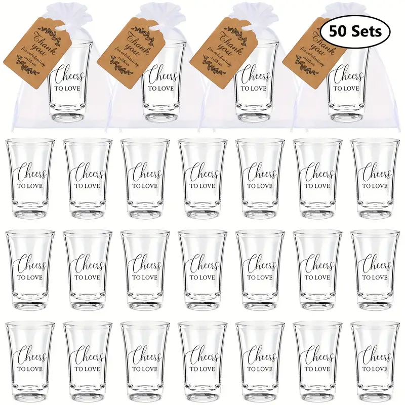 Rustic Shot Glass Wedding Favor Set – 50 Reusable Acrylic Cups with Love Stickers, Cards & Gift Bags