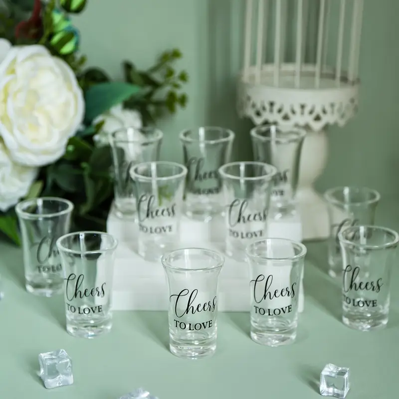 Rustic Shot Glass Wedding Favor Set – 50 Reusable Acrylic Cups with Love Stickers, Cards & Gift Bags