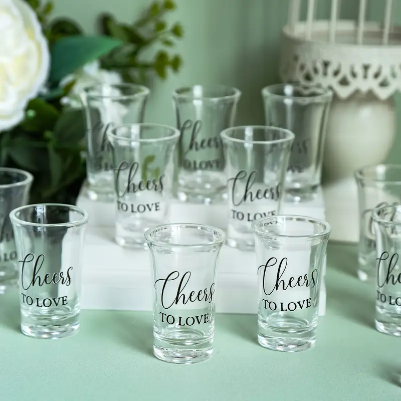 Rustic Shot Glass Wedding Favor Set – 50 Reusable Acrylic Cups with Love Stickers, Cards & Gift Bags