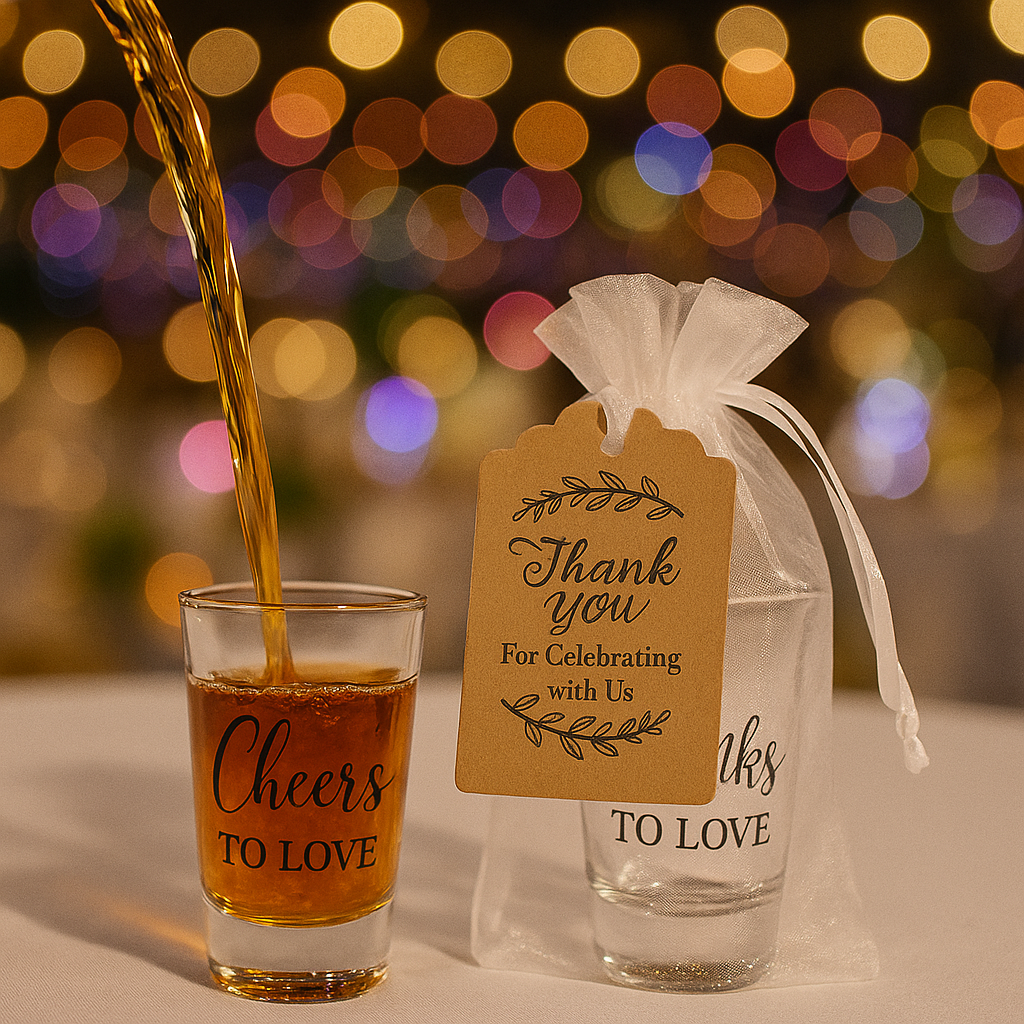 Rustic Shot Glass Wedding Favor Set – 50 Reusable Acrylic Cups with Love Stickers, Cards & Gift Bags