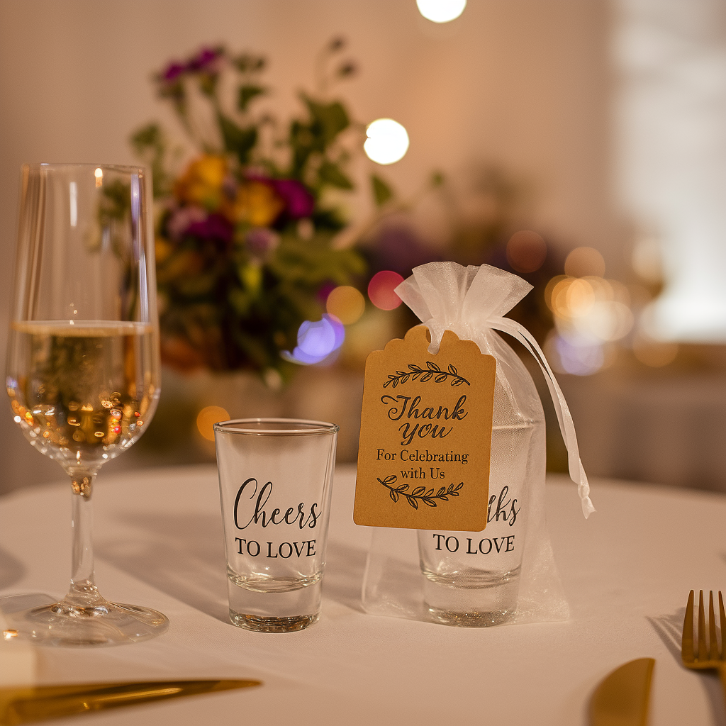 Rustic Shot Glass Wedding Favor Set – 50 Reusable Acrylic Cups with Love Stickers, Cards & Gift Bags