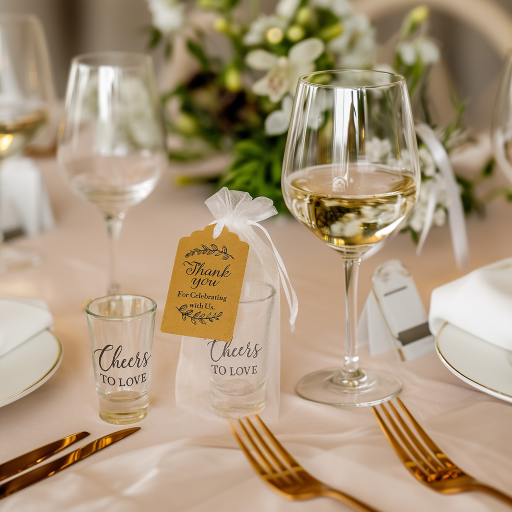 Personalized wedding favor cups with gift bags and thank-you tags